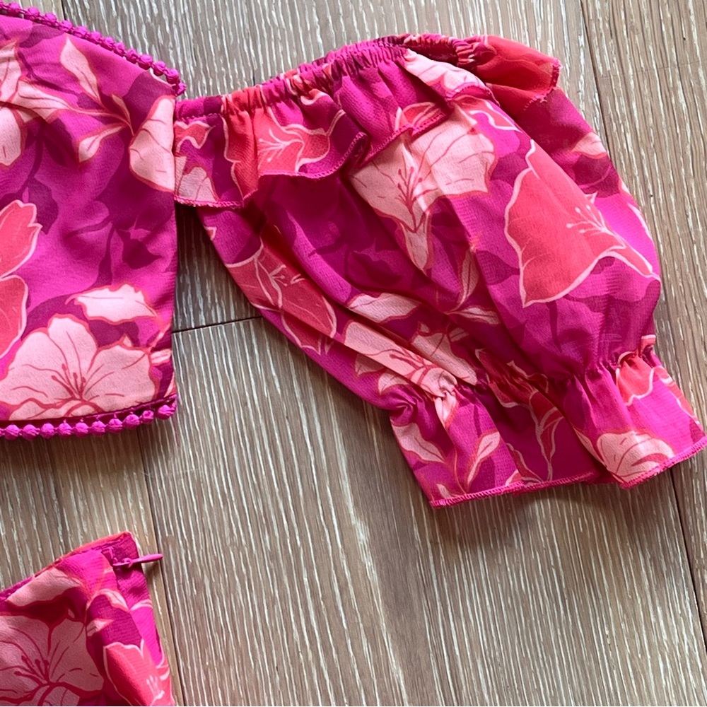 Showpo. Final Resort two piece ruffle sleeve mini skirt set in berry floral - Picture 9 of 16
